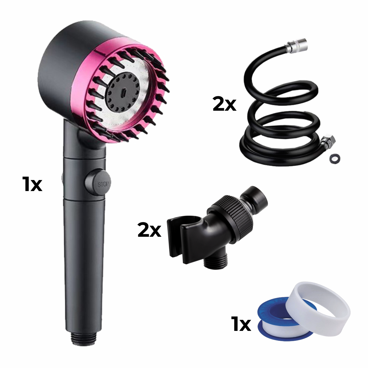 Pomme de douche + tuyau 2x + adaptateur 2x + ruban de téflon