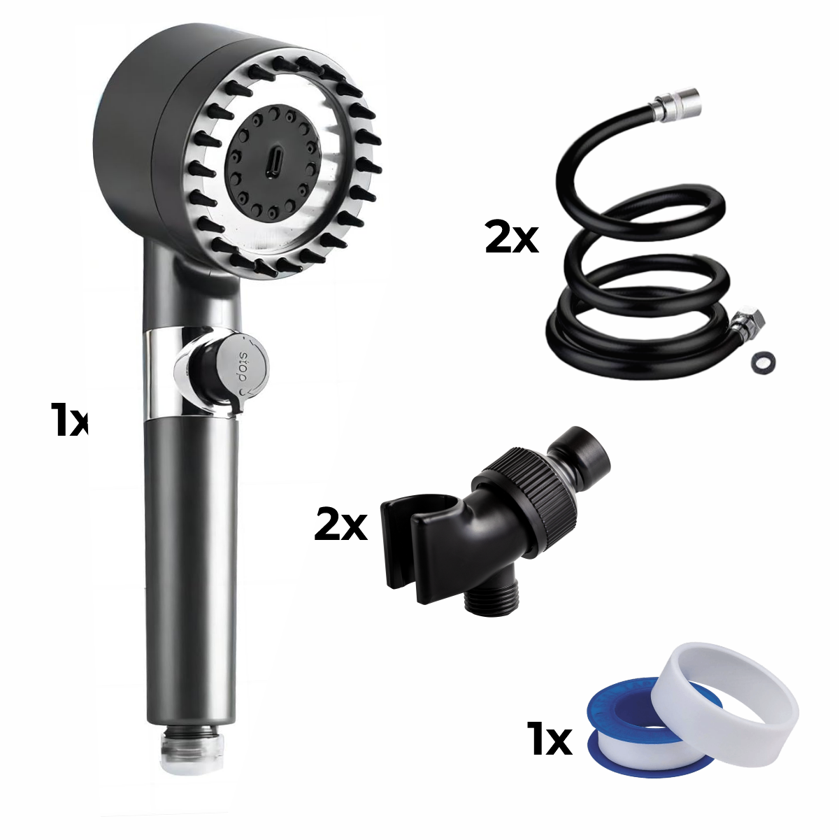 Pomme de douche + tuyau 2x + adaptateur 2x + ruban de téflon