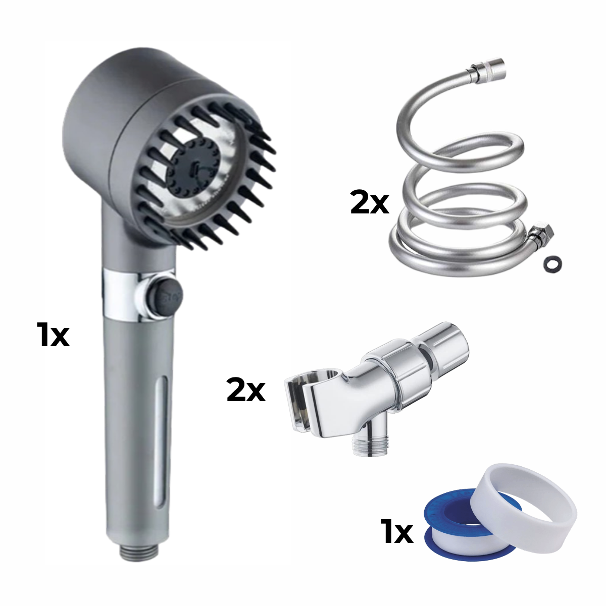 Pomme de douche + tuyau 2x + adaptateur 2x + ruban de téflon
